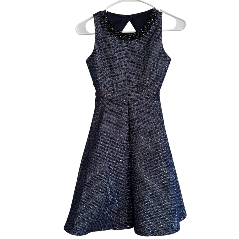 Rare Editions Navy Sparkle A-Line Party Dress with Beaded Collar